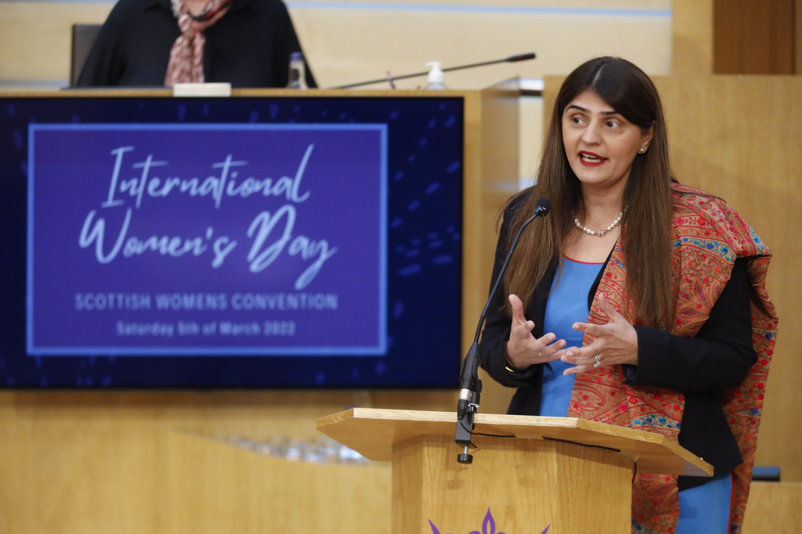 Pam Gosal MSP, pictured speaking during the International Women's Day Conference held in the Debating Chamber of the Scottish Parliament. 05 March 2022.