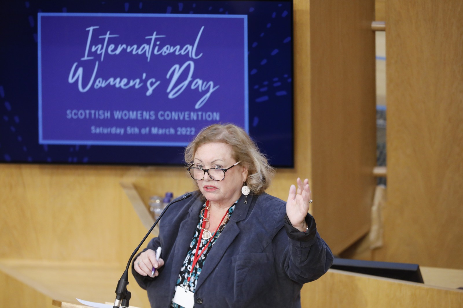 Agnes Tolmie, Chair SWC pictured speaking during the International Women's Day Conference held in the Debating Chamber of the Scottish Parliament. 05 March 2022.