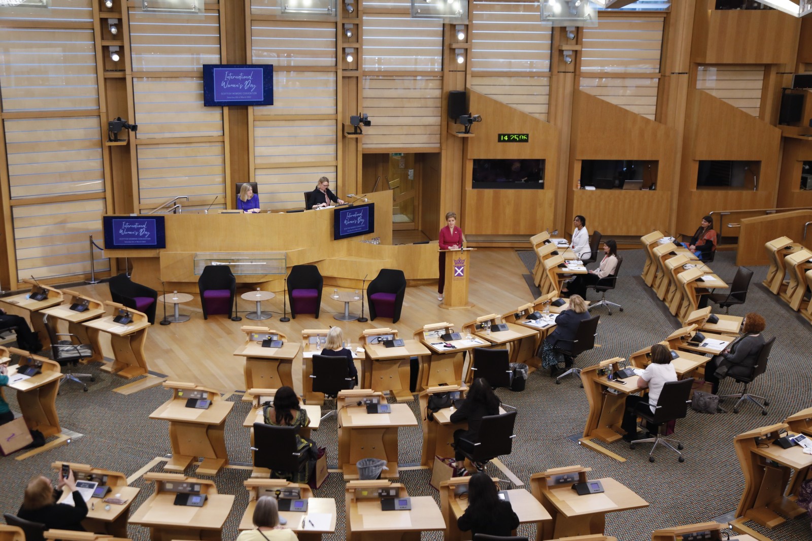 First Minister Nicola Sturgeon MSP, pictured speaking during the International Women's Day Conference held in the Debating Chamber of the Scottish Parliament. 05 March 2022.