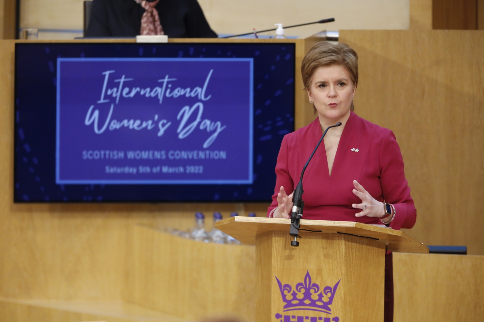 First Minister Nicola Sturgeon MSP, pictured speaking during the International Women's Day Conference held in the Debating Chamber of the Scottish Parliament. 05 March 2022.