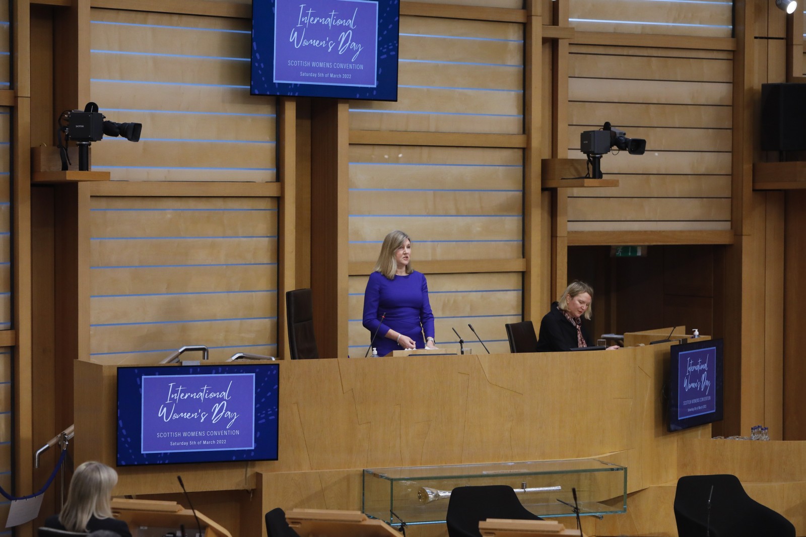 pictured speaking during the International Women's Day Conference held in the Debating Chamber of the Scottish Parliament. 05 March 2022.