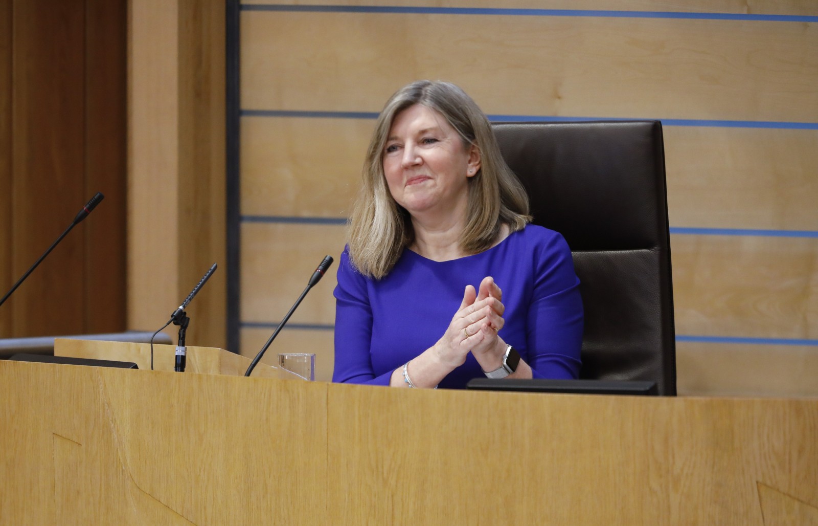 Presiding Officer Alison Johnstone MSP, pictured speaking during the International Women's Day Conference held in the Debating Chamber of the Scottish Parliament. 05 March 2022.