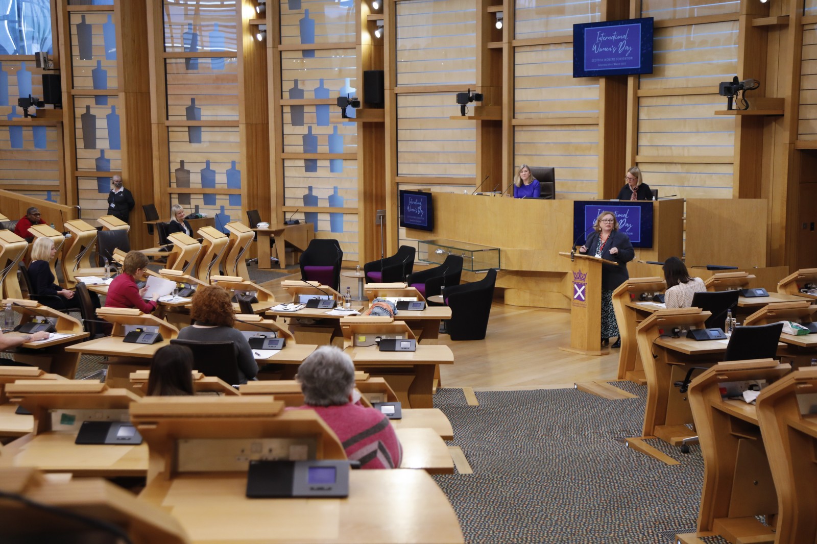 Agnes Tolmie, Chair SWC pictured speaking during the International Women's Day Conference held in the Debating Chamber of the Scottish Parliament. 05 March 2022.