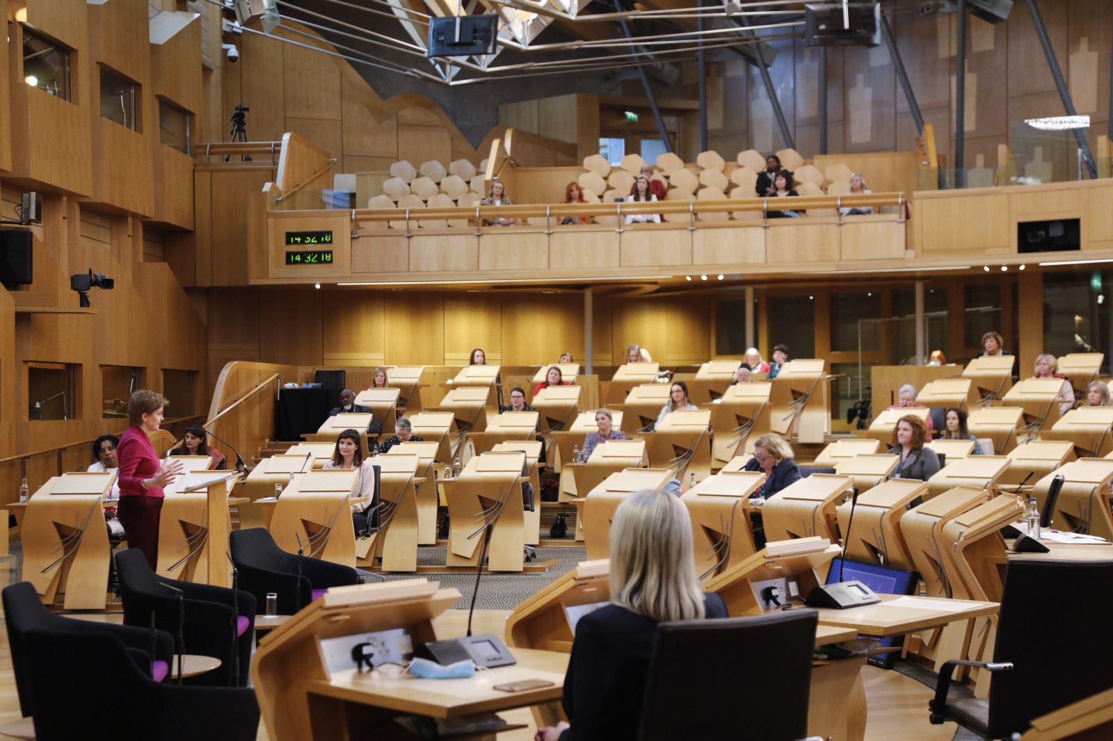 First Minister Nicola Sturgeon MSP, pictured speaking during the International Women's Day Conference held in the Debating Chamber of the Scottish Parliament. 05 March 2022.