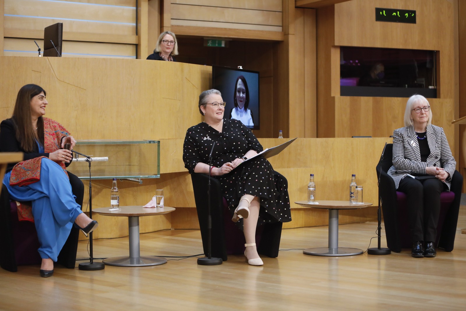 Presiding Officer Alison Johnstone MSP hosts a question and answer session with Pam Gosal MSP;Pam Duncan-Glancy MSP; Christina McKelvie MSP; and Beatrice Wishart MSP during the International Women's Day Conference held in the Debating Chamber of the Scottish Parliament. 05 March 2022.