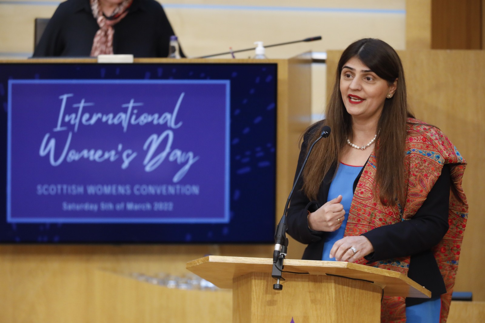 Pam Gosal MSP, pictured speaking during the International Women's Day Conference held in the Debating Chamber of the Scottish Parliament. 05 March 2022.