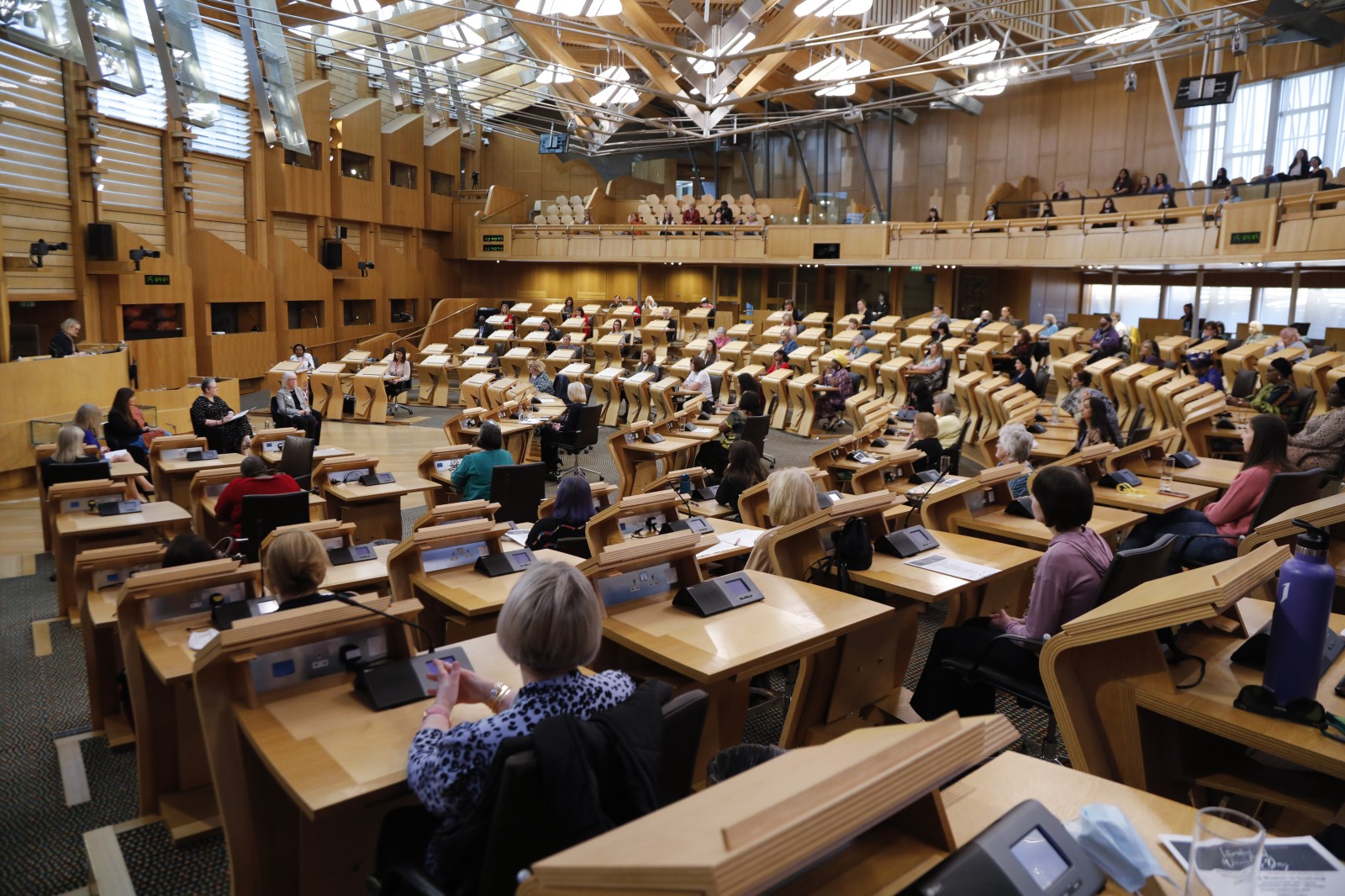 Presiding Officer Alison Johnstone MSP hosts a question and answer session with Pam Gosal MSP;Pam Duncan-Glancy MSP; Christina McKelvie MSP; and Beatrice Wishart MSP during the International Women's Day Conference held in the Debating Chamber of the Scottish Parliament. 05 March 2022.