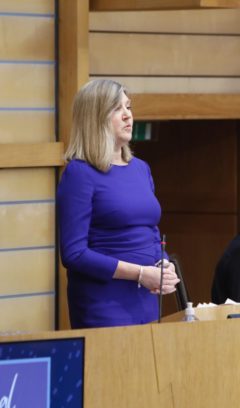 Presiding Officer, Alison Johnstone MSP pictured speaking during the International Women's Day Conference held in the Debating Chamber of the Scottish Parliament. 05 March 2022.
