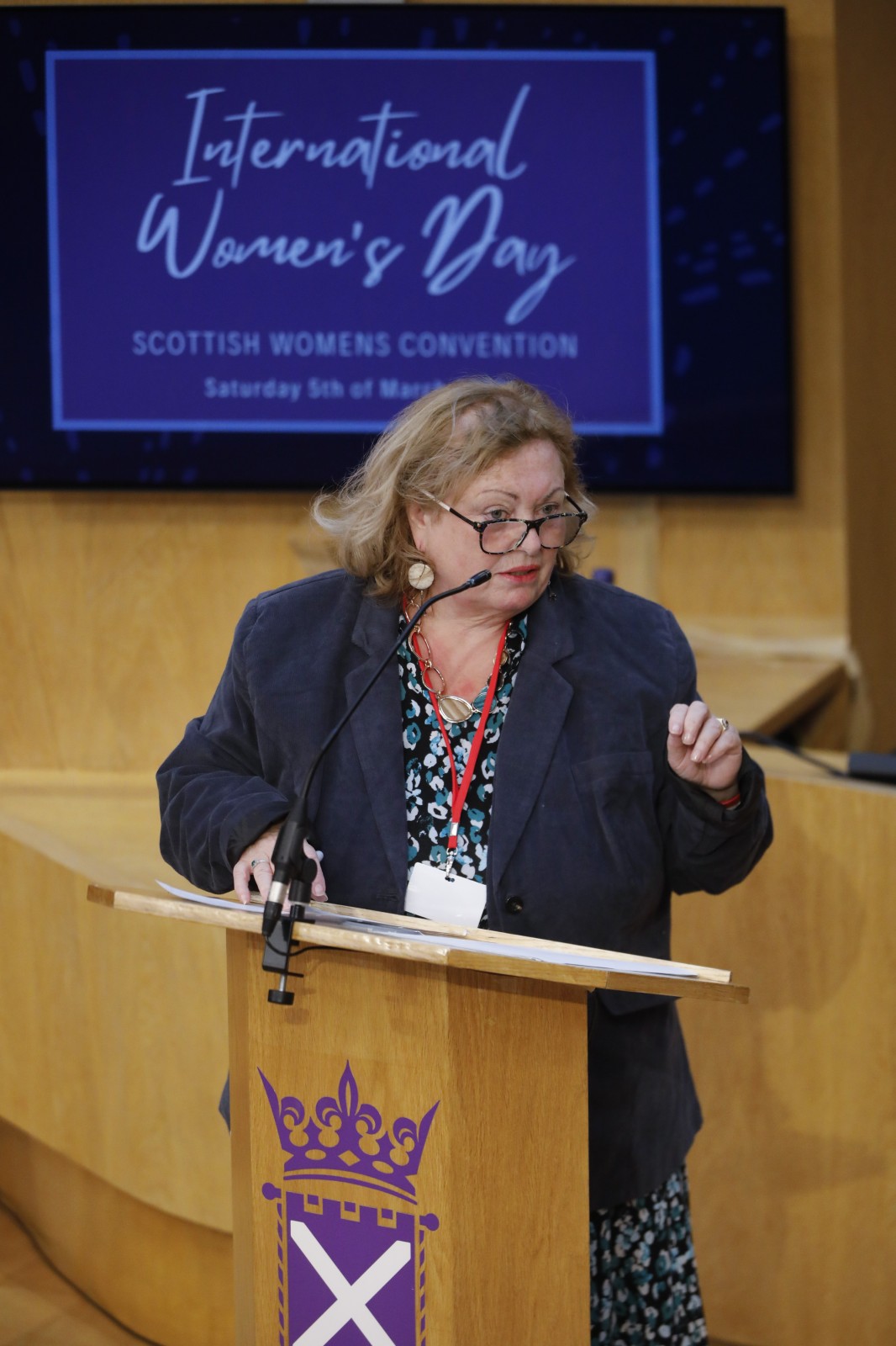 Agnes Tolmie, Chair SWC pictured speaking during the International Women's Day Conference held in the Debating Chamber of the Scottish Parliament. 05 March 2022.