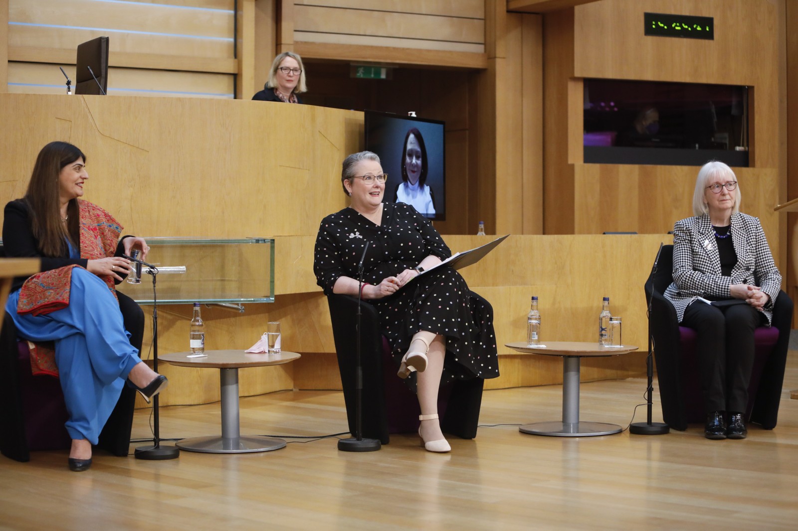 Presiding Officer Alison Johnstone MSP hosts a question and answer session with Pam Gosal MSP;Pam Duncan-Glancy MSP; Christina McKelvie MSP; and Beatrice Wishart MSP during the International Women's Day Conference held in the Debating Chamber of the Scottish Parliament. 05 March 2022.