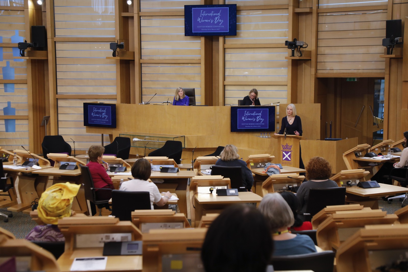 Professor Linda Bald, The Bruce and John Usher Chair of Public Health at the University of Edinburgh, pictured speaking during the International Women's Day Conference held in the Debating Chamber of the Scottish Parliament. 05 March 2022.