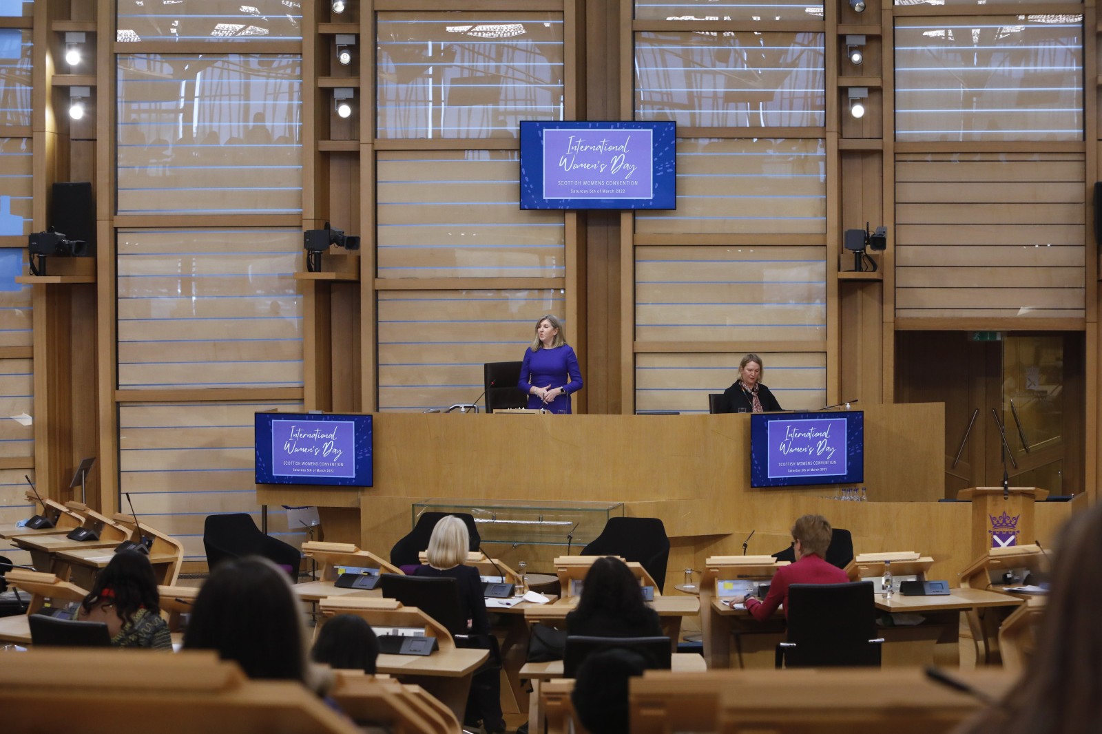Presiding Officer Alison Johnstone MSP, pictured speaking during the International Women's Day Conference held in the Debating Chamber of the Scottish Parliament. 05 March 2022.