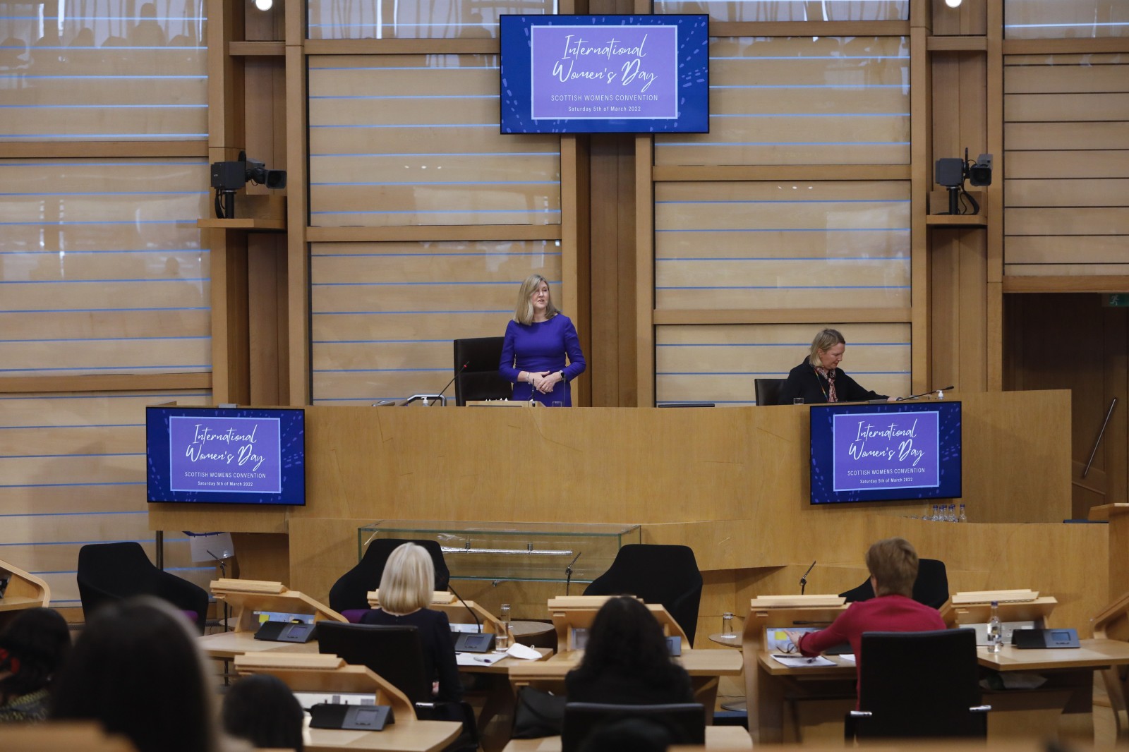 Christina McKelvie MSP, pictured speaking during the International Women's Day Conference held in the Debating Chamber of the Scottish Parliament. 05 March 2022.