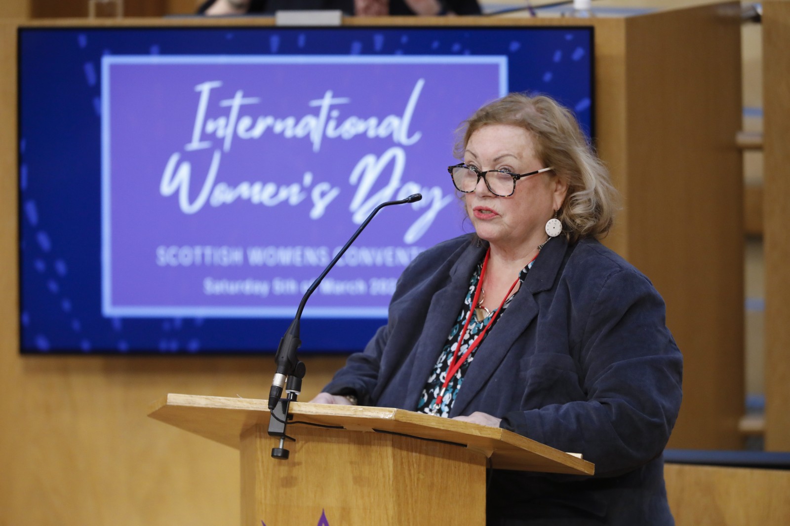 Agnes Tolmie, Chair SWC pictured speaking during the International Women's Day Conference held in the Debating Chamber of the Scottish Parliament. 05 March 2022.