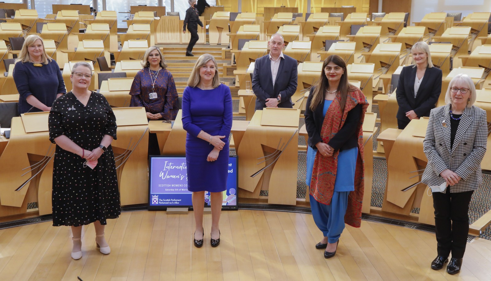 Presiding Officer Alison Johnstone MSP hosts a question and answer session with Pam Gosal MSP;Pam Duncan-Glancy MSP; Christina McKelvie MSP; and Beatrice Wishart MSP during the International Women's Day Conference held in the Debating Chamber of the Scottish Parliament. 05 March 2022.