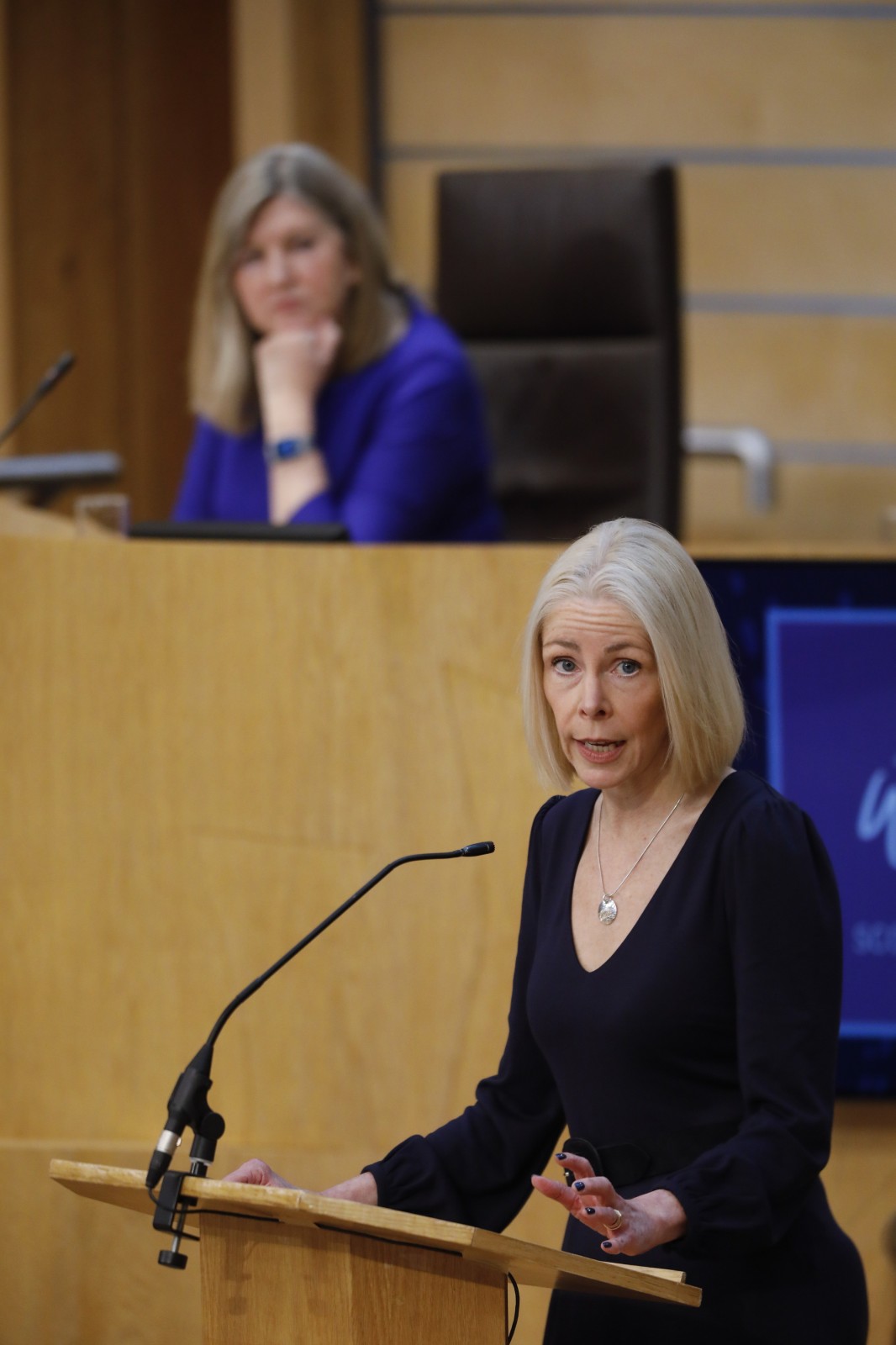 Professor Linda Bald, The Bruce and John Usher Chair of Public Health at the University of Edinburgh, pictured speaking during the International Women's Day Conference held in the Debating Chamber of the Scottish Parliament. 05 March 2022.