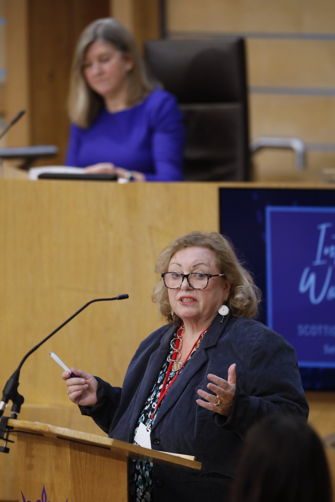Agnes Tolmie, Chair SWC pictured speaking during the International Women's Day Conference held in the Debating Chamber of the Scottish Parliament. 05 March 2022.