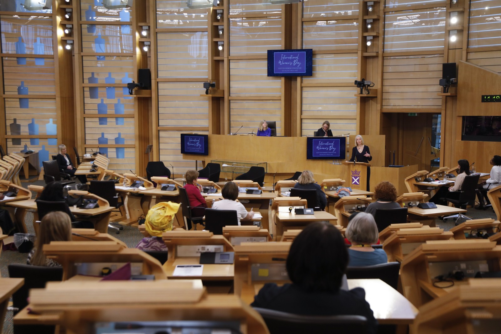 Professor Linda Bald, The Bruce and John Usher Chair of Public Health at the University of Edinburgh, pictured speaking during the International Women's Day Conference held in the Debating Chamber of the Scottish Parliament. 05 March 2022.
