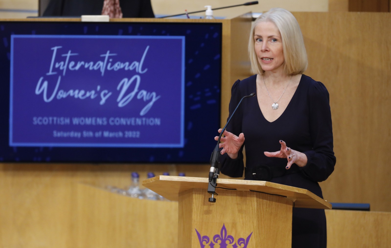 Professor Linda Bald, The Bruce and John Usher Chair of Public Health at the University of Edinburgh, pictured speaking during the International Women's Day Conference held in the Debating Chamber of the Scottish Parliament. 05 March 2022.
