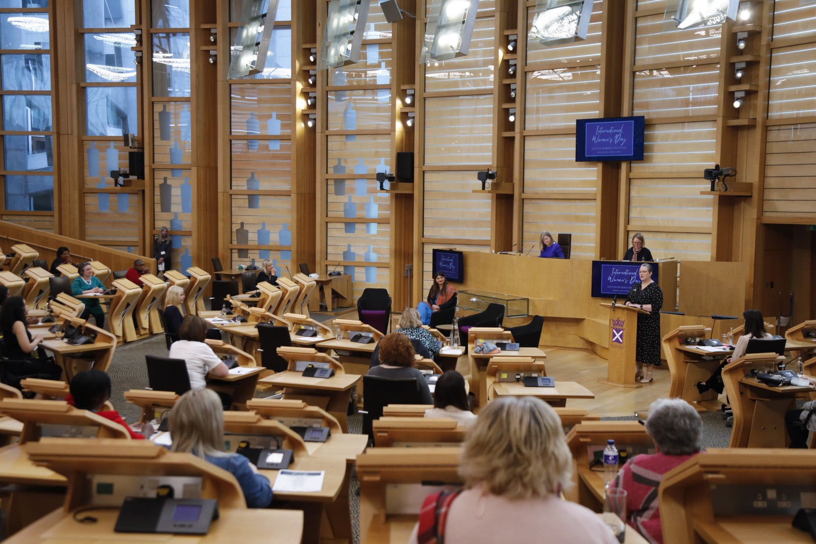 Christina McKelvie MSP, pictured speaking during the International Women's Day Conference held in the Debating Chamber of the Scottish Parliament. 05 March 2022.