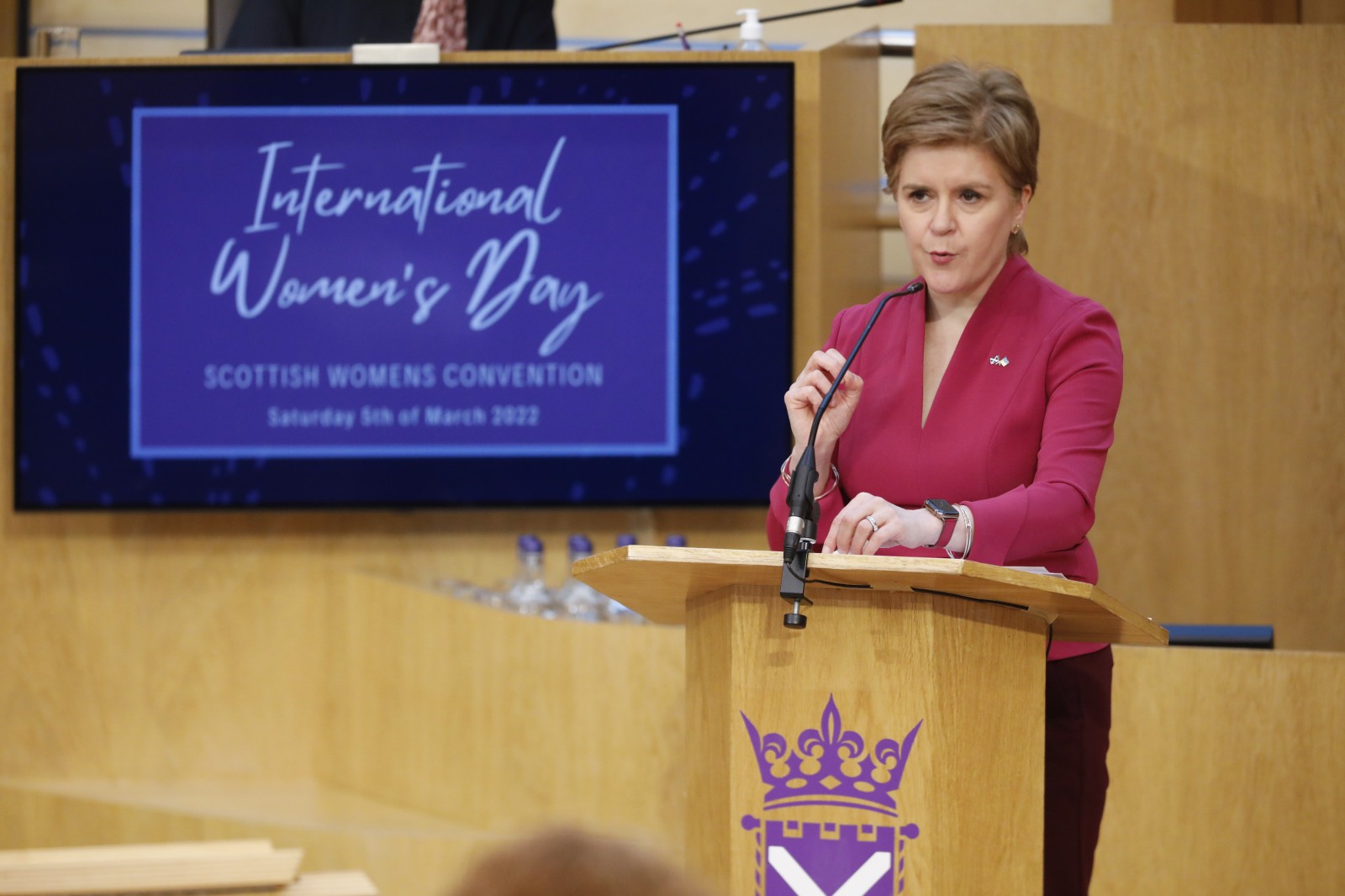 First Minister Nicola Sturgeon MSP, pictured speaking during the International Women's Day Conference held in the Debating Chamber of the Scottish Parliament. 05 March 2022.