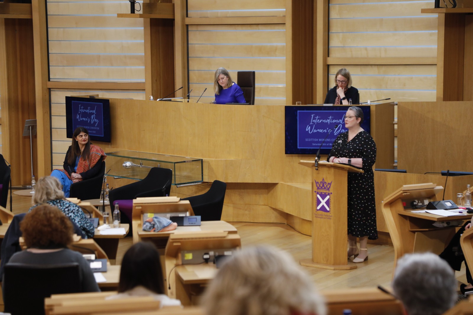 Christina McKelvie MSP, pictured speaking during the International Women's Day Conference held in the Debating Chamber of the Scottish Parliament. 05 March 2022.