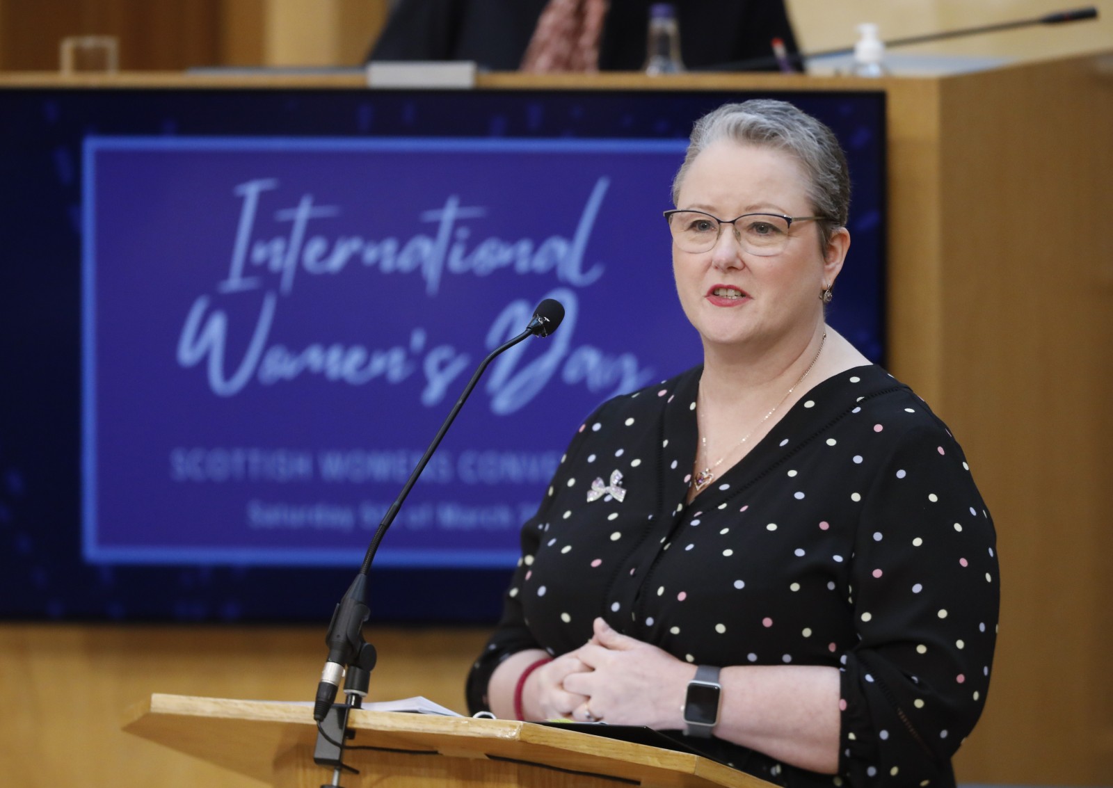 Christina McKelvie MSP, pictured speaking during the International Women's Day Conference held in the Debating Chamber of the Scottish Parliament. 05 March 2022.