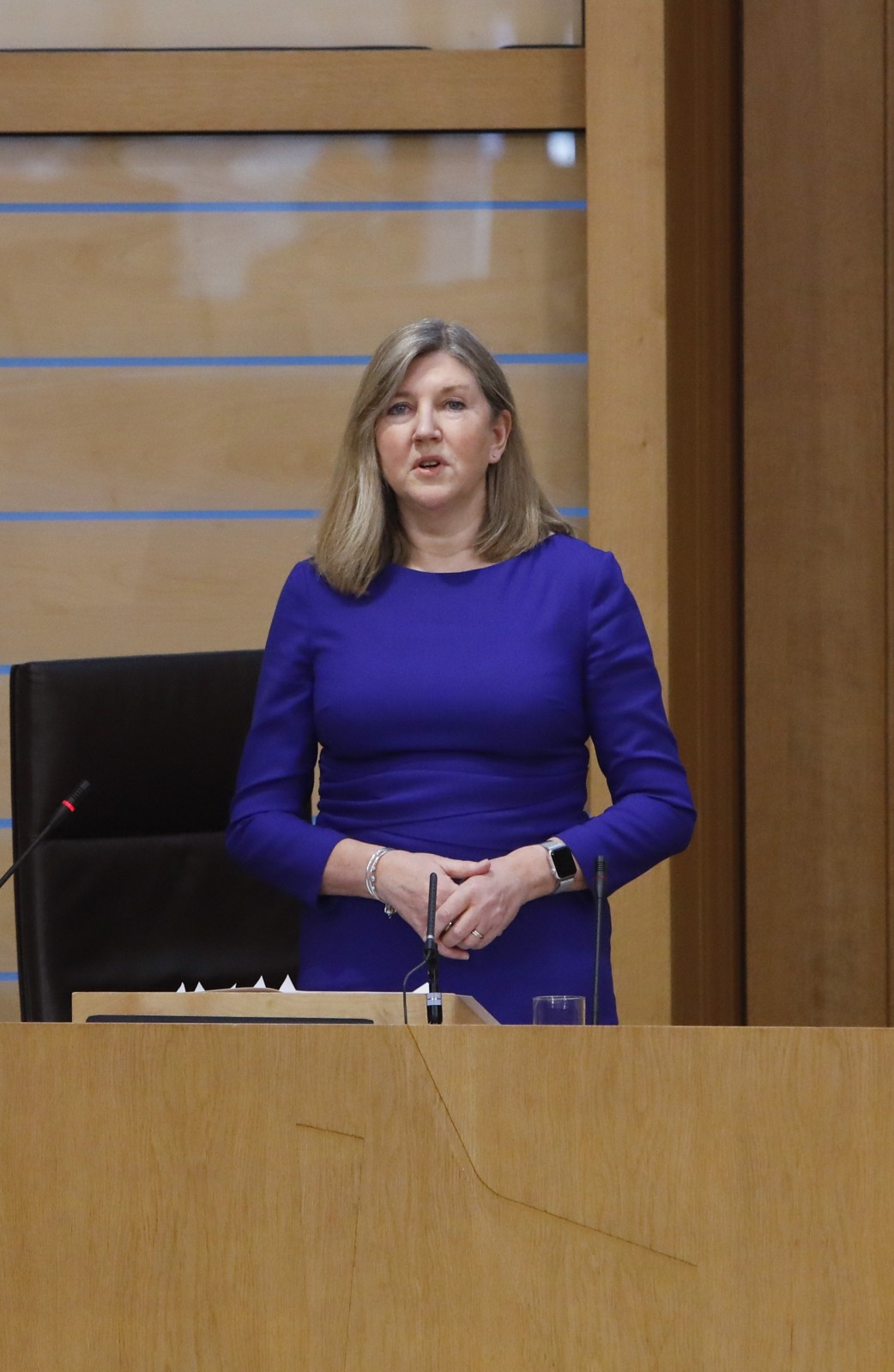 Presiding Officer Alison Johnstone MSP, pictured speaking during the International Women's Day Conference held in the Debating Chamber of the Scottish Parliament. 05 March 2022.