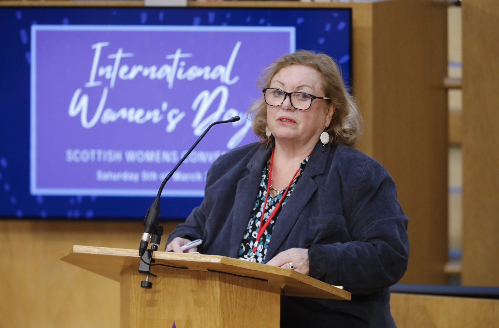 Agnes Tolmie, Chair SWC pictured speaking during the International Women's Day Conference held in the Debating Chamber of the Scottish Parliament. 05 March 2022.