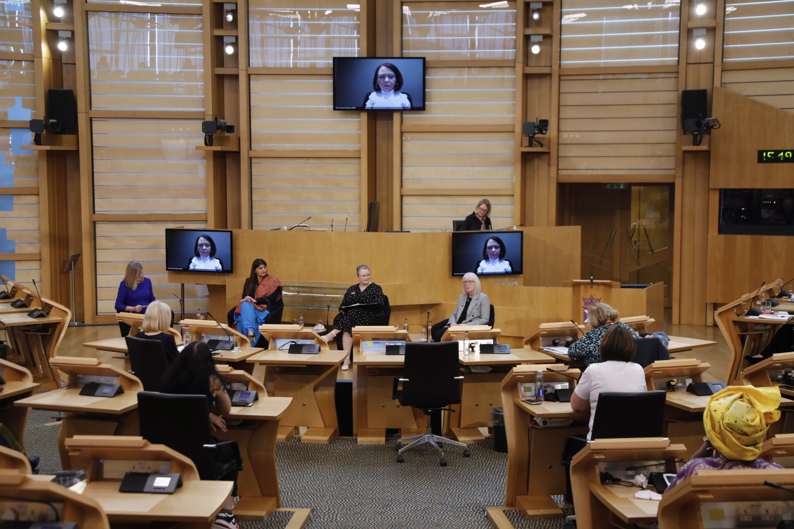 Presiding Officer Alison Johnstone MSP hosts a question and answer session with Pam Gosal MSP;Pam Duncan-Glancy MSP; Christina McKelvie MSP; and Beatrice Wishart MSP during the International Women's Day Conference held in the Debating Chamber of the Scottish Parliament. 05 March 2022.
