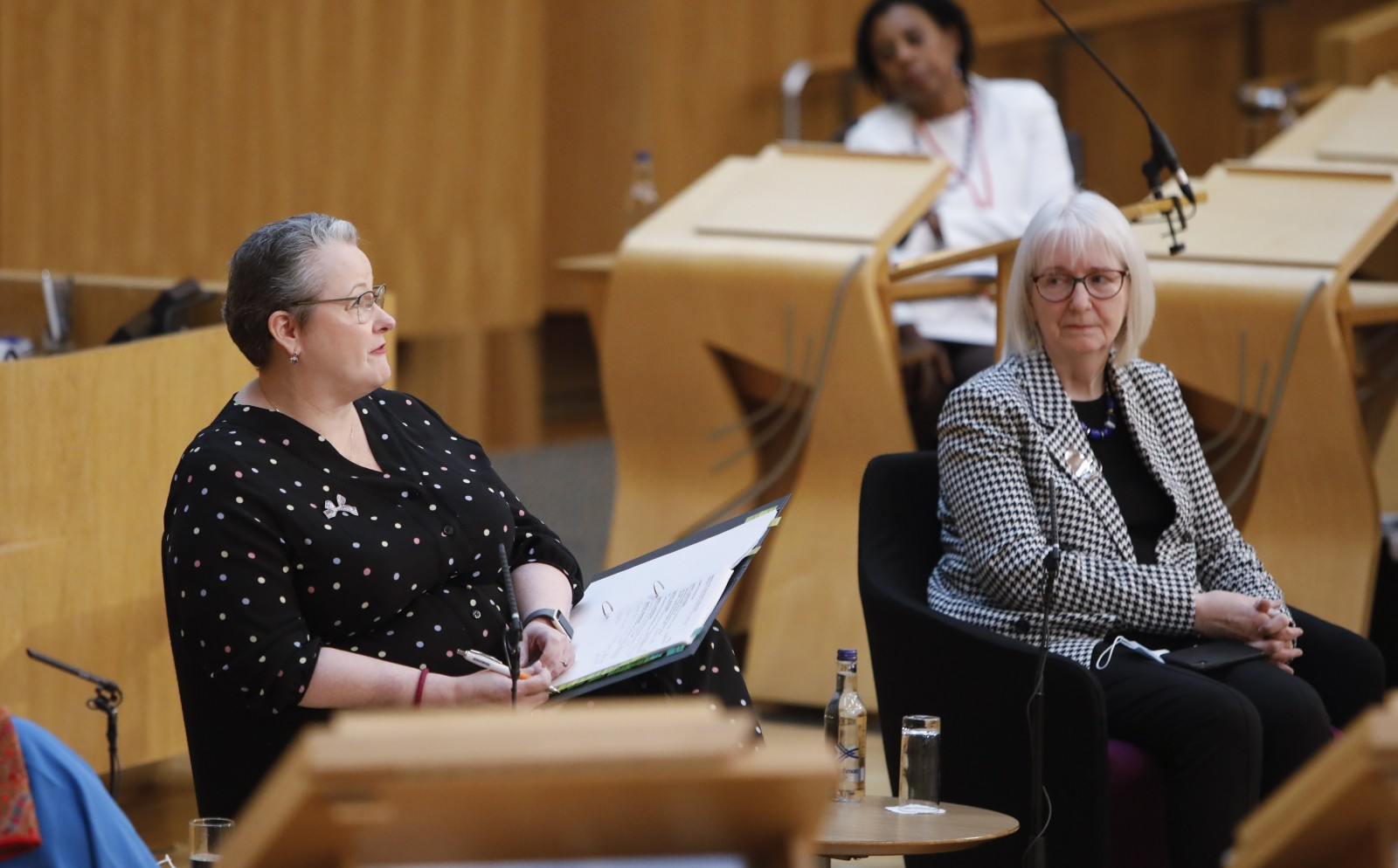 Presiding Officer Alison Johnstone MSP hosts a question and answer session with Pam Gosal MSP;Pam Duncan-Glancy MSP; Christina McKelvie MSP; and Beatrice Wishart MSP during the International Women's Day Conference held in the Debating Chamber of the Scottish Parliament. 05 March 2022.