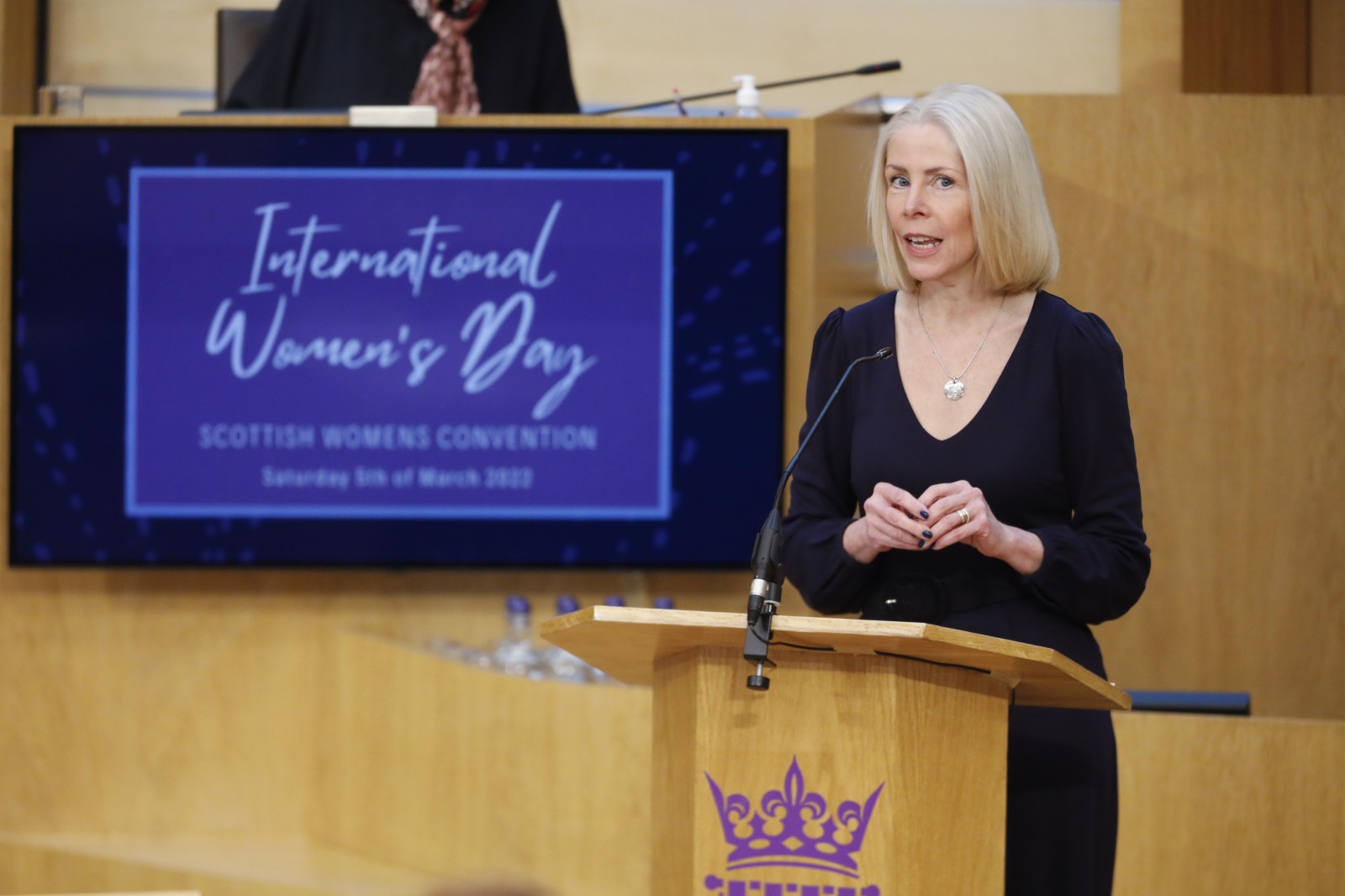 Professor Linda Bald, The Bruce and John Usher Chair of Public Health at the University of Edinburgh, pictured speaking during the International Women's Day Conference held in the Debating Chamber of the Scottish Parliament. 05 March 2022.